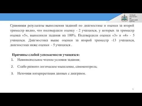 ПЕРВЫЙ МОСКОВСКИЙ КАДЕТСКИЙ КОРПУС Сравнивая результаты выполнения заданий по диагностике и оценки