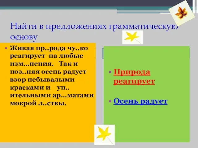 Найти в предложениях грамматическую основу Живая пр..рода чу..ко реагирует на любые изм…нения.