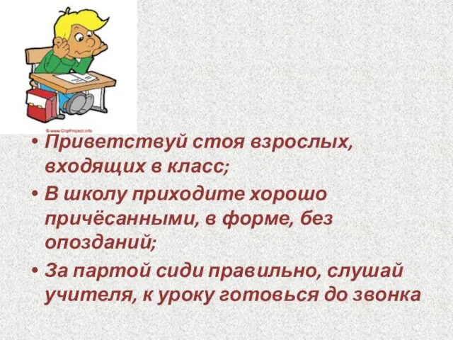 Приветствуй стоя взрослых, входящих в класс; В школу приходите хорошо причёсанными, в