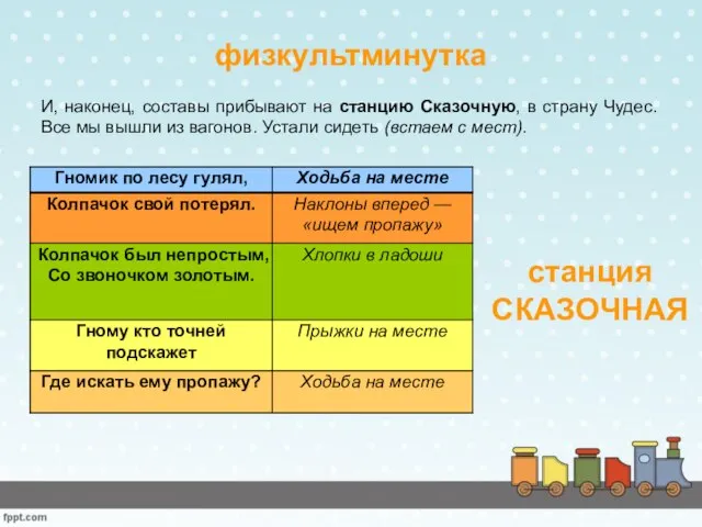 физкультминутка станция СКАЗОЧНАЯ И, наконец, составы прибывают на станцию Сказочную, в страну