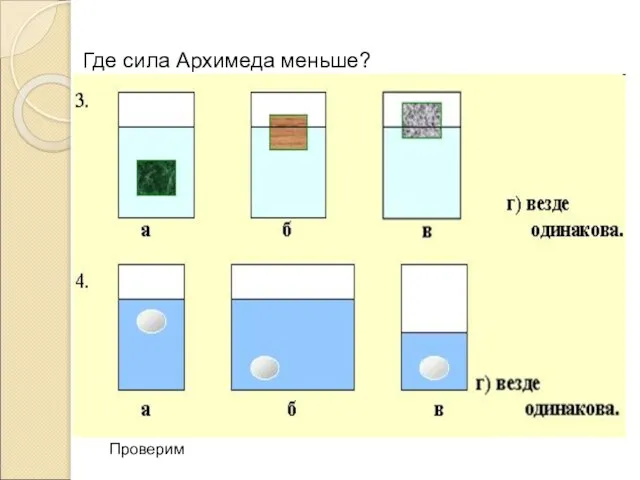 Где сила Архимеда меньше? Проверим