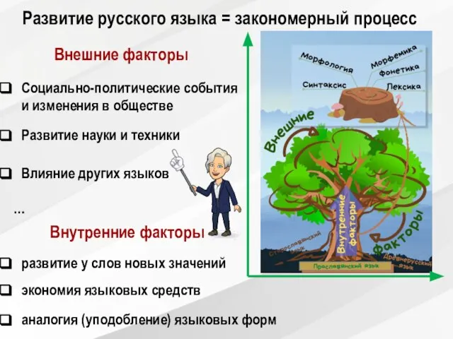 Развитие русского языка = закономерный процесс Внешние факторы Внутренние факторы Социально-политические события