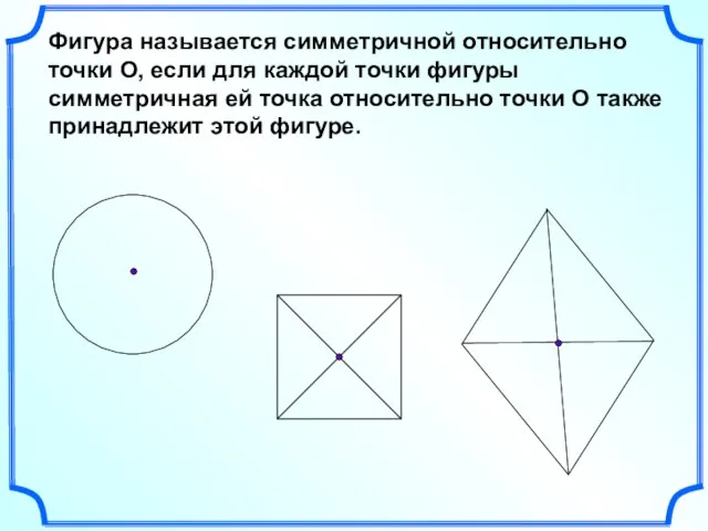 Фигура называется симметричной относительно точки О, если для каждой точки фигуры симметричная