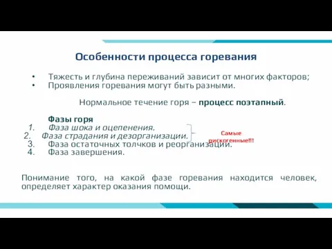 Особенности процесса горевания Тяжесть и глубина переживаний зависит от многих факторов; Проявления