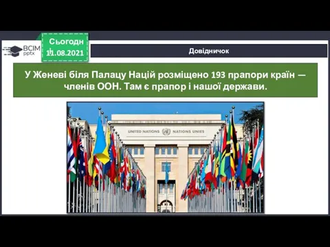 11.08.2021 Сьогодні Довідничок У Женеві біля Палацу Націй розміщено 193 прапори країн