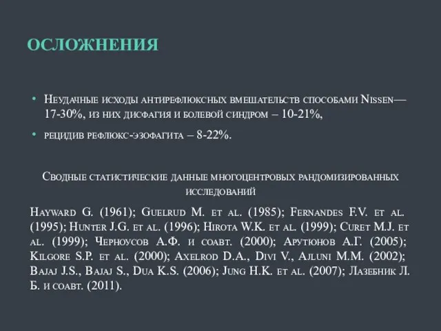 ОСЛОЖНЕНИЯ Неудачные исходы антирефлюксных вмешательств способами Nissen–– 17-30%, из них дисфагия и