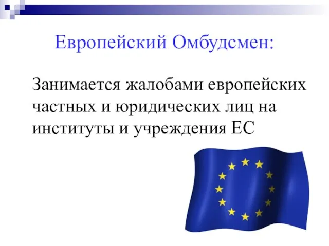 Европейский Омбудсмен: Занимается жалобами европейских частных и юридических лиц на институты и учреждения ЕС