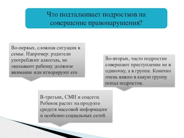 Что подталкивает подростков на совершение правонарушения? Во-первых, сложная ситуация в семье. Например: