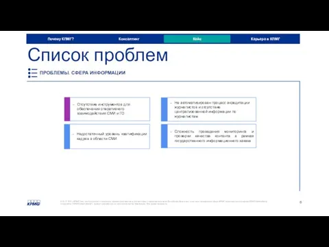 Крупная телекоммуникационная компания в РФ ПРОБЛЕМЫ. СФЕРА ИНФОРМАЦИИ Список проблем