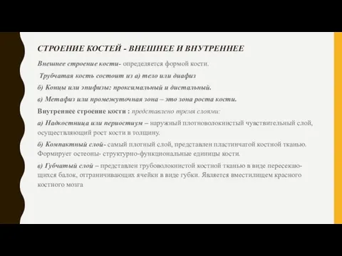 СТРОЕНИЕ КОСТЕЙ - ВНЕШНЕЕ И ВНУТРЕННЕЕ Внешнее строение кости- определяется формой кости.