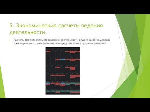 5. Экономические расчеты ведения деятельности. Расчеты представлены по ведению деятельности студии за