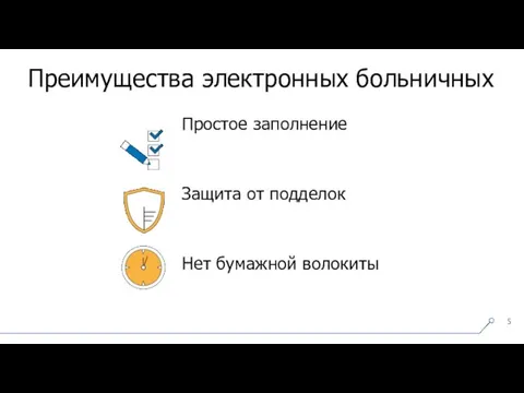 Простое заполнение Защита от подделок Нет бумажной волокиты Преимущества электронных больничных