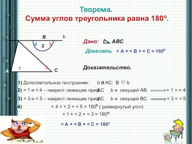 Теорема. Сумма углов треугольника равна 180о. Дано: АВС Доказать Доказательство. А В