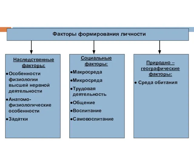 Факторы формирования личности Наследственные факторы: Особенности физиологии высшей нервной деятельности Анатомо- физиологические