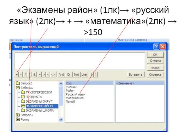 «Экзамены район» (1лк)→ «русский язык» (2лк)→ + → «математика»(2лк) → >150