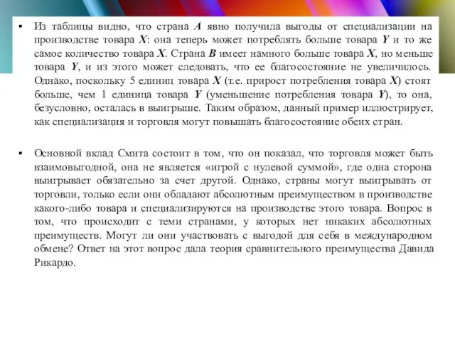 Из таблицы видно, что страна А явно получила выгоды от специализации на