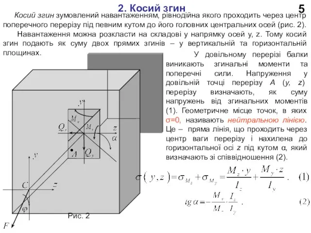 5 2. Косий згин Рис. 2 Косий згин зумовлений навантаженням, рівнодійна якого