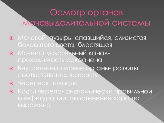 Осмотр органов мочевыделительной системы Мочевой пузырь- спавшийся, слизистая беловатого цвета, блестящая Мочеиспускательный