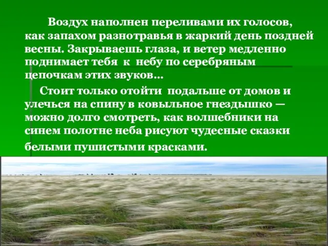 Воздух наполнен переливами их голосов, как запахом разнотравья в жаркий день поздней