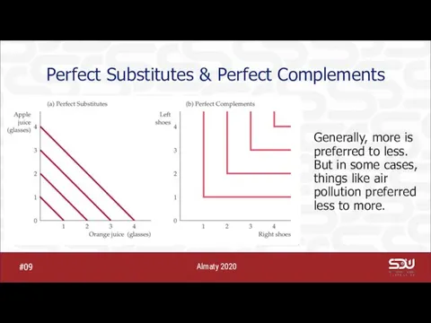 Perfect Substitutes & Perfect Complements Generally, more is preferred to less. But