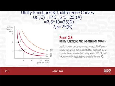 Utility Functions & Indifference Curves U(F,C)= F*C=5*5=25;(A) =2,5*10=25(D) =10*2,5=25(B) Almaty 2020 #11