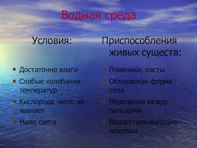 Водная среда Условия: Приспособления живых существ: Достаточно влаги Слабые колебания температур Кислорода