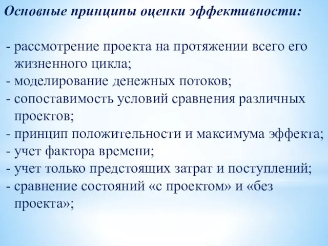 Основные принципы оценки эффективности: рассмотрение проекта на протяжении всего его жизненно­го цикла;