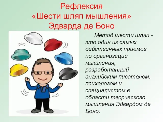 Рефлексия «Шести шляп мышления» Эдварда де Боно Метод шести шляп - это