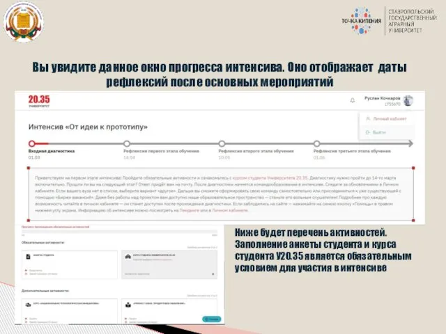 Вы увидите данное окно прогресса интенсива. Оно отображает даты рефлексий после основных