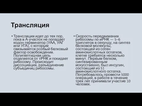 Трансляция Трансляция идет до тех пор, пока в А-участок не попадает кодон-терминатор