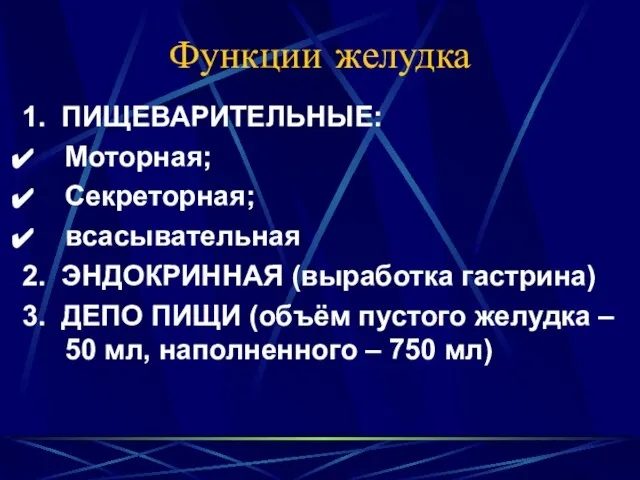 Функции желудка 1. ПИЩЕВАРИТЕЛЬНЫЕ: Моторная; Секреторная; всасывательная 2. ЭНДОКРИННАЯ (выработка гастрина) 3.