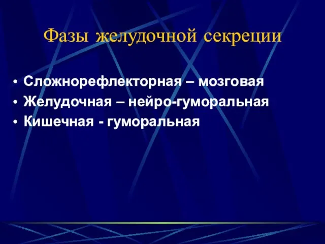 Фазы желудочной секреции Сложнорефлекторная – мозговая Желудочная – нейро-гуморальная Кишечная - гуморальная