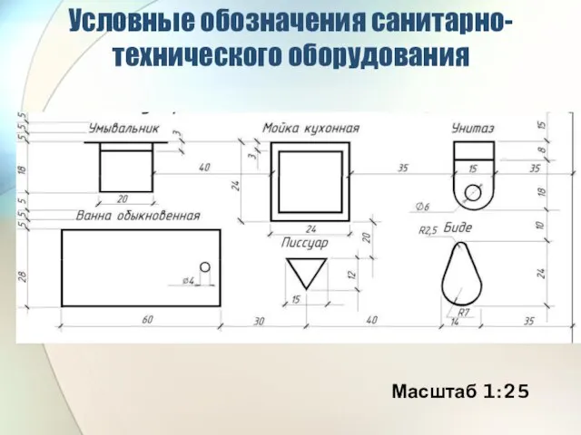 Условные обозначения санитарно-технического оборудования Масштаб 1:25