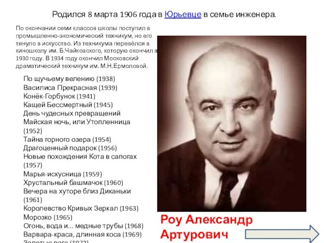 Родился 8 марта 1906 года в Юрьевце в семье инженера. Роу Александр