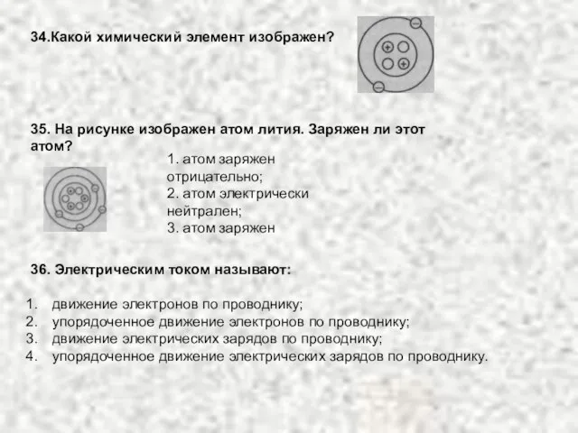 34.Какой химический элемент изображен? 35. На рисунке изображен атом лития. Заряжен ли