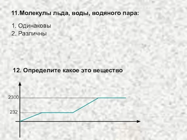 11.Молекулы льда, воды, водяного пара: 1. Одинаковы 2. Различны 12. Определите какое это вещество