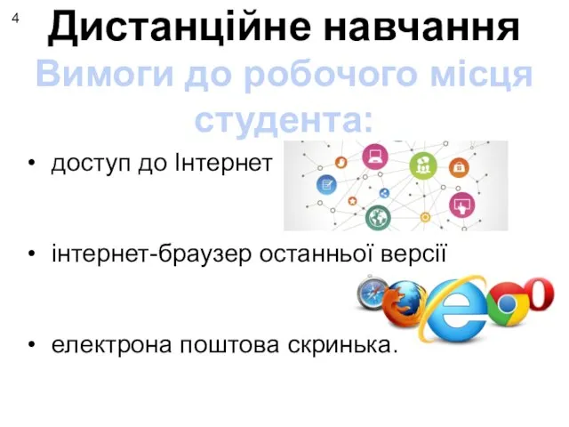 Дистанційне навчання Вимоги до робочого місця студента: доступ до Інтернет інтернет-браузер останньої