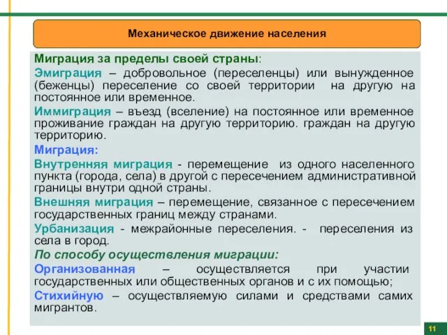 Миграция за пределы своей страны: Эмиграция – добровольное (переселенцы) или вынужденное (беженцы)