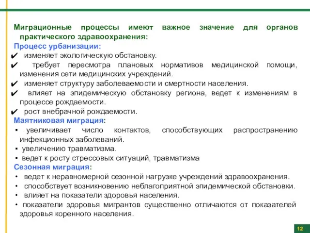 12 Миграционные процессы имеют важное значение для органов практического здравоохранения: Процесс урбанизации: