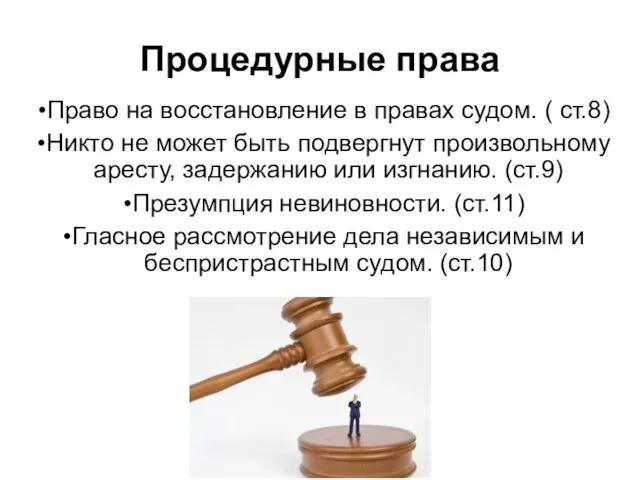 Процедурные права Право на восстановление в правах судом. ( ст.8) Никто не