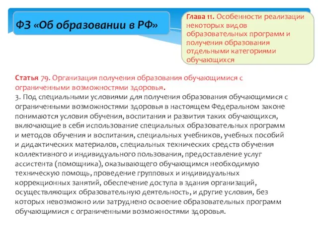 Статья 79. Организация получения образования обучающимися с ограниченными возможностями здоровья. 3. Под