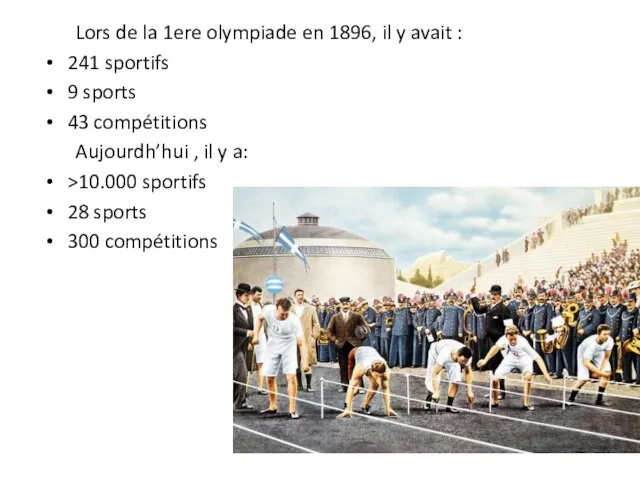 Lors de la 1ere olympiade en 1896, il y avait : 241