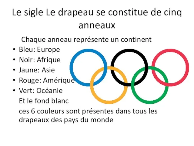 Le sigle Le drapeau se constitue de cinq anneaux Chaque anneau représente