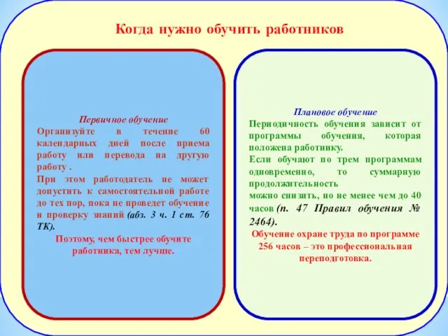 Когда нужно обучить работников Первичное обучение Организуйте в течение 60 календарных дней