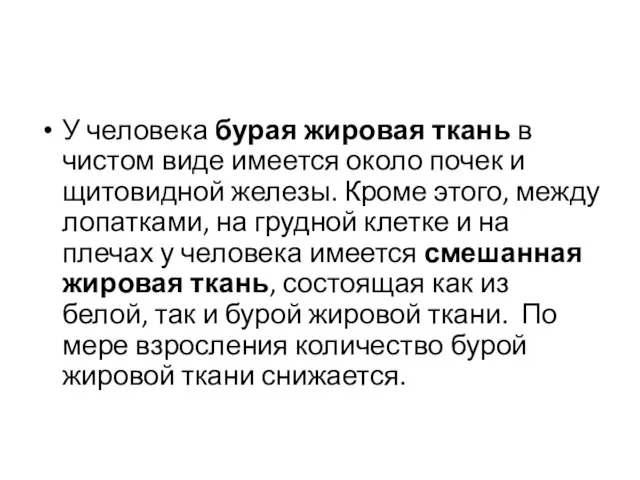 У человека бурая жировая ткань в чистом виде имеется около почек и