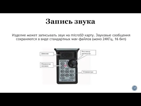 Запись звука Изделие может записывать звук на microSD карту. Звуковые сообщения сохраняются