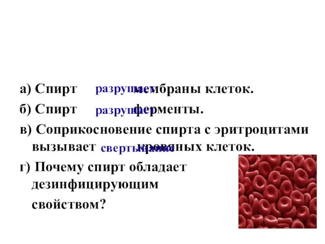 а) Спирт мембраны клеток. б) Спирт ферменты. в) Соприкосновение спирта с эритроцитами