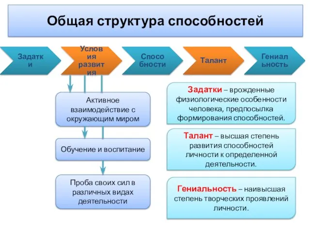 Активное взаимодействие с окружающим миром Задатки Условия развития Способности Талант Гениальность Обучение