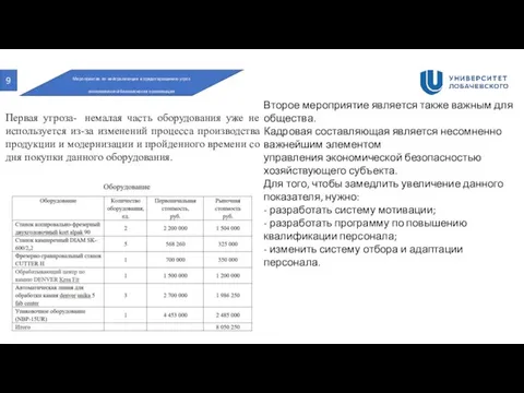 9 Мероприятия по нейтрализации и предотвращению угроз экономической безопасности организации Первая угроза-