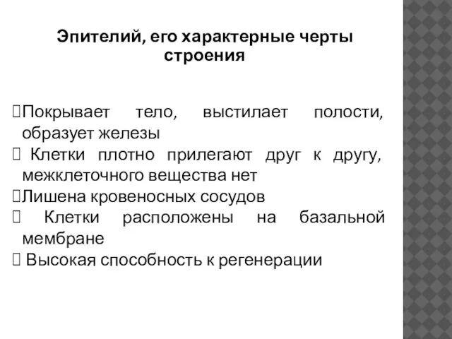 Эпителий, его характерные черты строения Покрывает тело, выстилает полости, образует железы Клетки